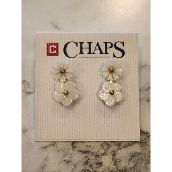 Chaps White Flower Drop Earrings With Gold Accents - Picture 1 of 5